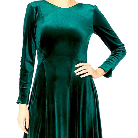 TAHARI Button Trimmed A Line Velvet Green Long Dress Womens 4 Holiday Christmas - Picture 3 of 9